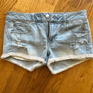 American Eagle Outfitters Shortie Distressed Stretch Crochet Hem Shorts, Size 6